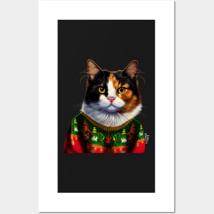 Funny Christmas Cat Wearing Sweater Posters and Art